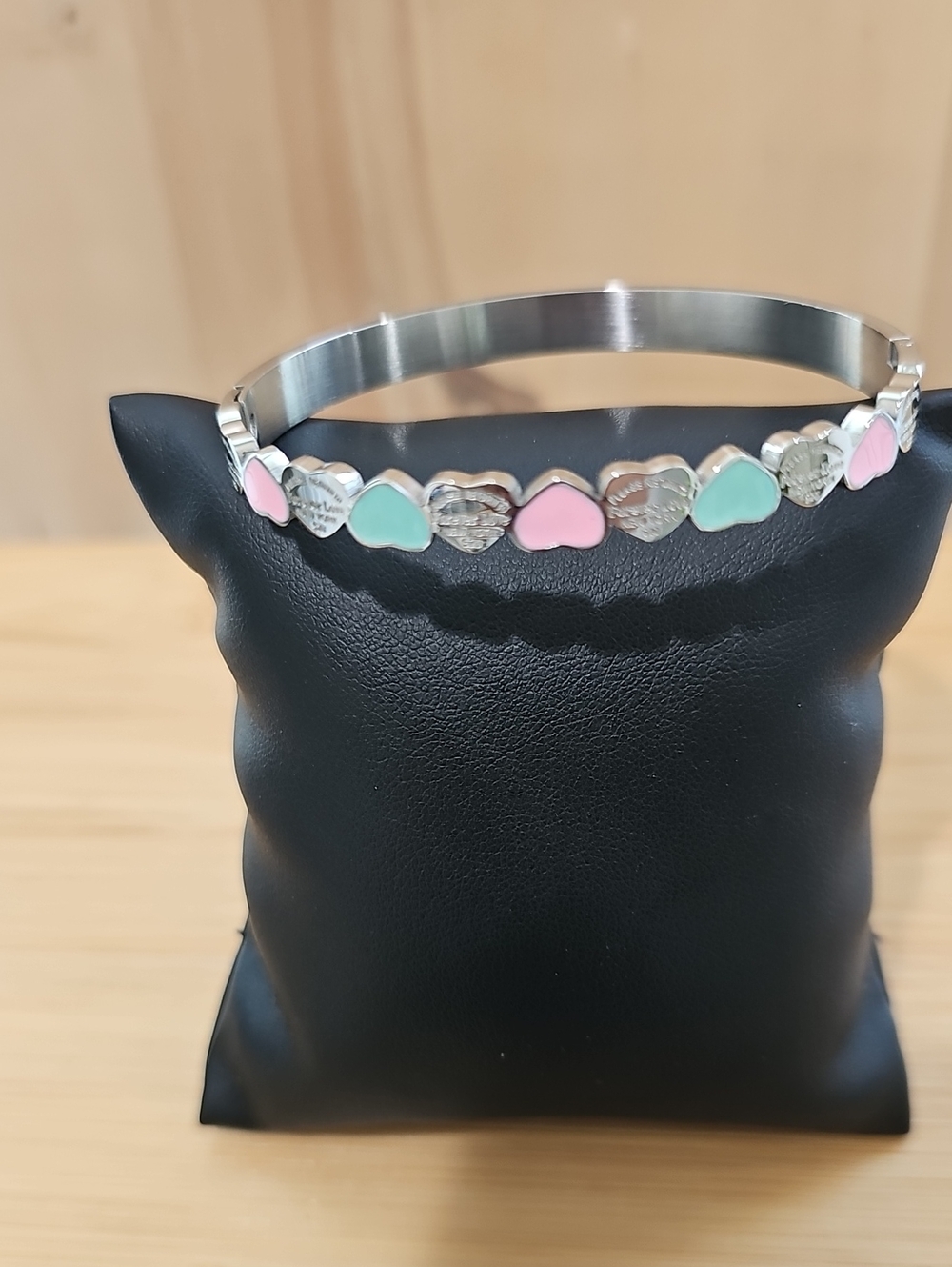 Silver Heart Charm Bangle with Pink & Mint Accents